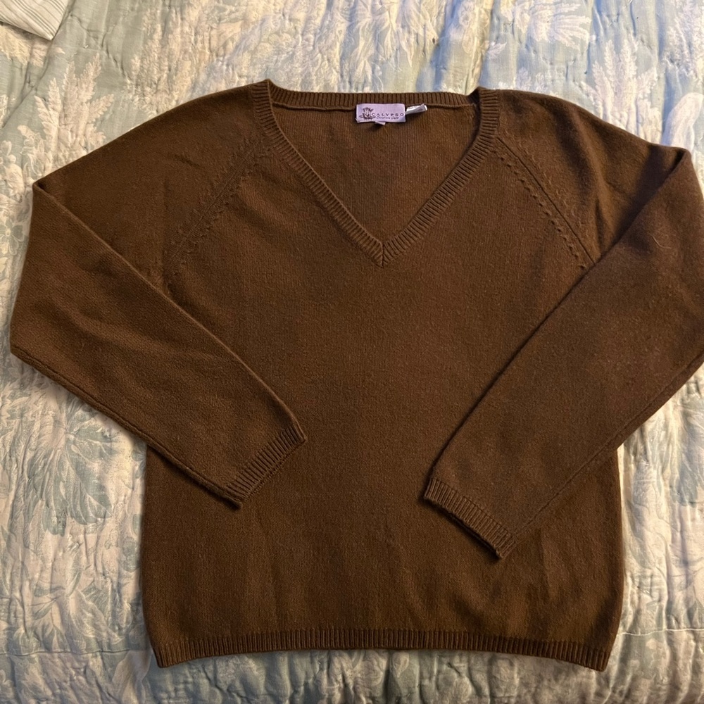 Like new Calypso tobacco brown 100% cashmere V-neck sweater.